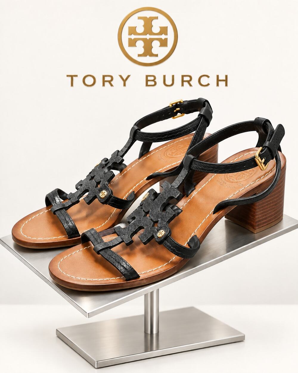 Tory Burch Chandler Black Leather Block Heel Sandals Size 7.5M
